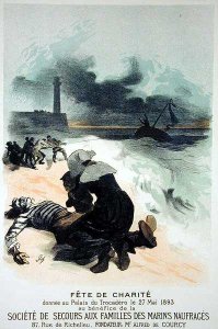 Reproduction of a poster advertising the 'Charity Fete', in aid of The Society for the Safety of Families of Shipwrecked Marines, at the Trocadero Palace, 1893