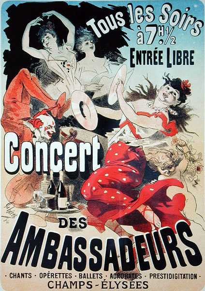 Reproduction of a poster advertising an 'Ambassadors' Concert', Champs Elysees, Paris, 1884