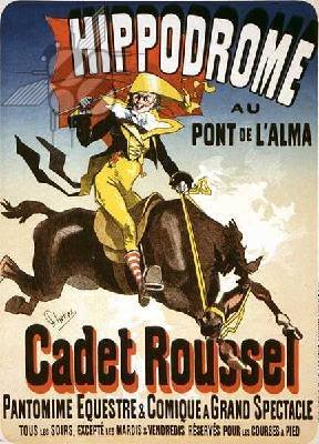 Reproduction of a poster advertising 'Cadet Roussel', an equestrian spectacle at the Hippodrome, 1882