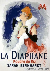 Reproduction of a poster advertising 'La Diaphane', translucent face-powder, modelled by Sarah Bernhardt (1844-1923), 1890