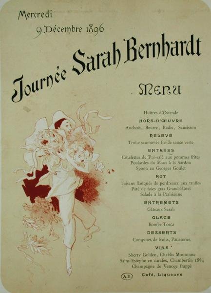 Mercredi 9 decembre 1896, Journee Sarah Bernhardt, Menu Card, 1896