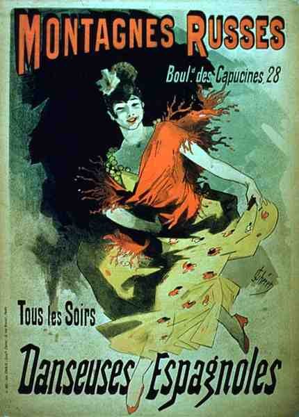 Poster advertising 'Spanish Dancers, Rollercoasters' at the Boulevard des Capucines, Paris